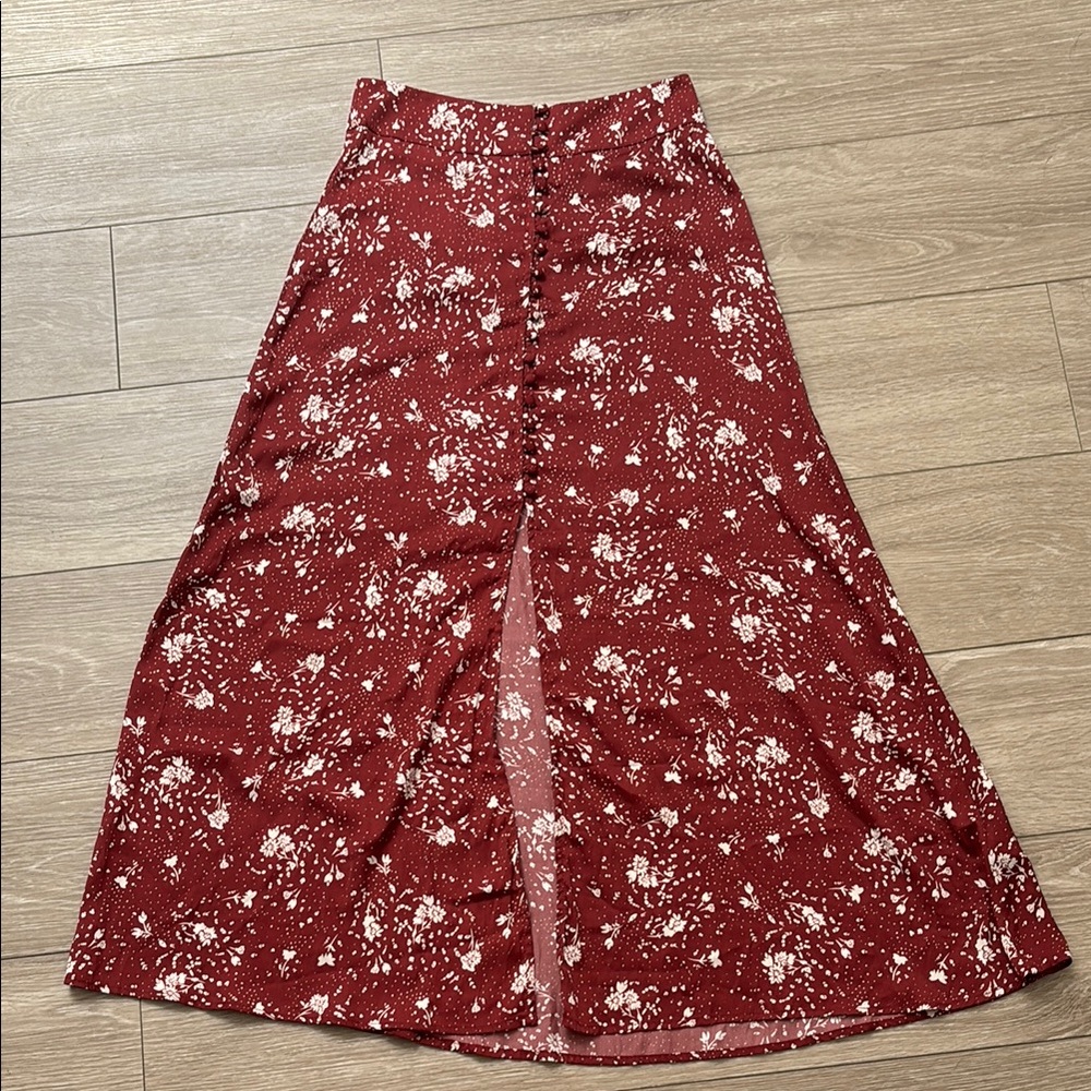Free People Red and White A-Line Maxi Skirt with Front Slit and Button Detail